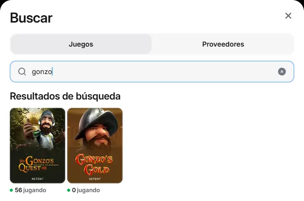 Buscador del casino de 1win con la palabra gonzo: aparecen Gonzo’s Quest y Gonzo’s Gold, las dos de NetEnt